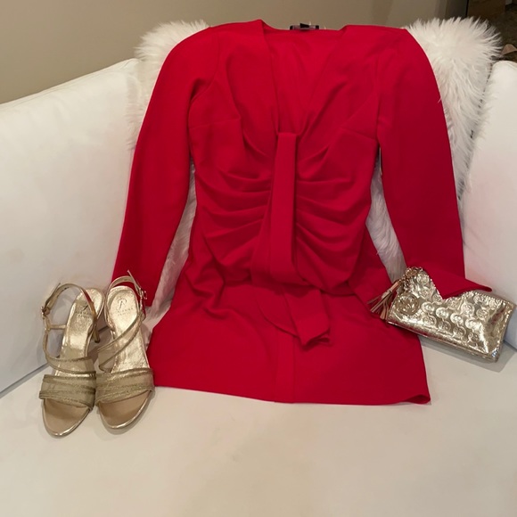 NWT INC red Hollywood runway mini dress tie front drape V day ruched cascade - Picture 15 of 16